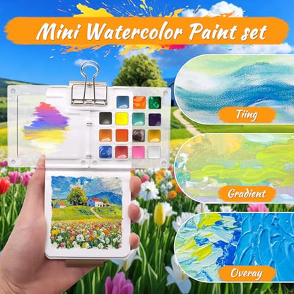 Pocket Watercolor Set 24 Vibrant Colors Travel Art Kit with Palette - color: 15 Grids with 24 Color Acrylic Palette