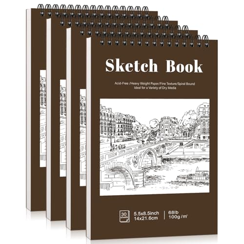 4 Pack Small Sketch Books, 5.5 x 8.5 Inch Mini Sketchbook, 68lb/100gsm Spiral Bound Small Sketch Pad, Acid Free Art Supplies Drawing Painting Sketchbook for Kids, Beginners, Artists (Yellow-Brown) - color: Tan, size: 5.5 × 8.5Inch（4 Pack）