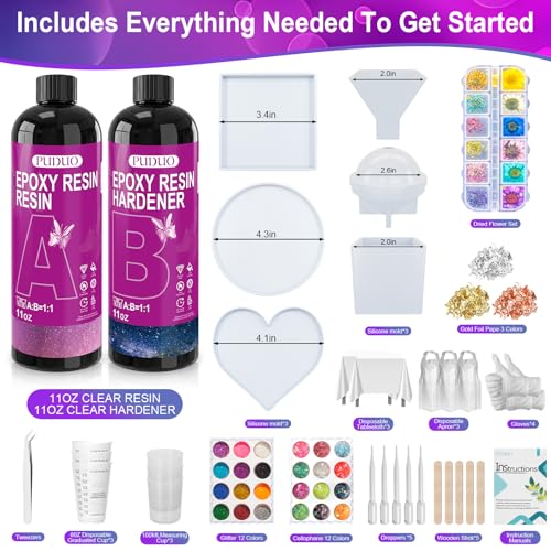 Puduo Epoxy Resin Kit for Beginners 22OZ, Resin Kit with Molds, Epoxy Resin Kit wiht Dried Flowers, Measuring Cups and Resins Supplies, Easy to Mix 1:1 Ratio