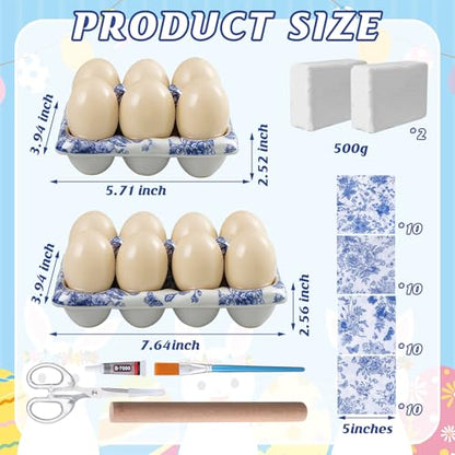 Jenaai 48 Pcs Chinoiserie Blue White Floral Clay DIY Kit, Clear Plastic Tray Craft Set Storage for Jewelry, Keys, Family Home Decor Gifts Include 40 Decoupage Napkins 2 Clear Tray 2 Clay