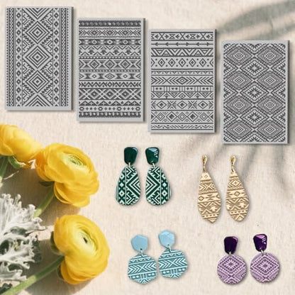 4 Pcs Tribal Patterns Clay Texture Mat Ethnic Pattern Polymer Clay Texture Sheets DIY Tools for Pottery Earring Jewelry Making Stamp Engraving Machines, 4x2.6inch - style: Tribal Patterns