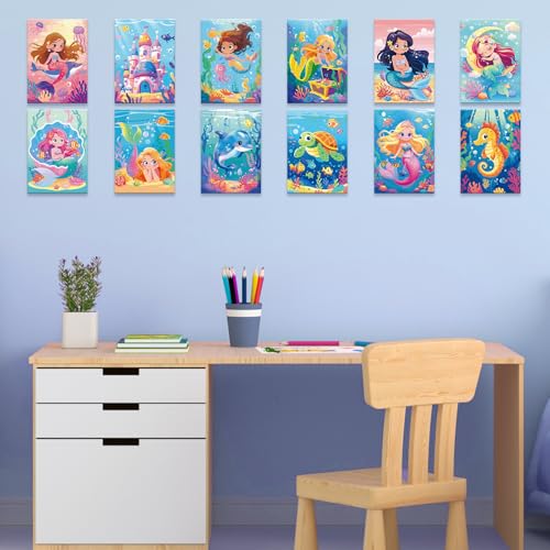 Anseal 12 Packs Pre Drawn Canvas for Painting, 5" X 7" Mermaid Ocean Theme Pre Printed Canvas for Paint Party (Mermaid) - style: Mermaid