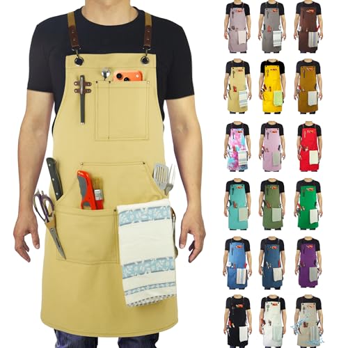 Kitchen Apron, Work Apron, Canvas, Multiple Pockets, Gardening, Painting, BBQ, Artist, Carpenter, Sizes M to XXL, Amber - color: Amber