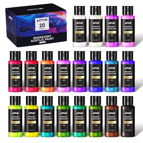 Artme Iridescent Acrylic Paint Set, 20 Chameleon Colors in 2 oz/60ml Bottles, Color-shifting Acrylic Paint Perfect for Artists, Beginners on Canvas, Rocks, Wood, Fabric, Ceramic - color: 2oz X 20 Colors