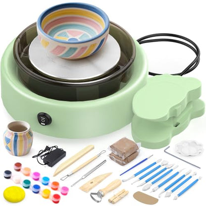 Skirfy Mini Pottery Wheel for Beginners Adults with Foot Pedal9.5"Ceramic Machine for Kids Art Craft Glow in Dark Kits 2.2LB Air-Dry Clay,Carving Tools Adjustable Speed,DIY Projects Birthday Gift - color: Green