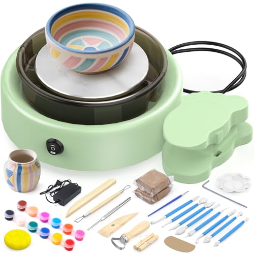 Skirfy Mini Pottery Wheel for Beginners Adults with Foot Pedal9.5"Ceramic Machine for Kids Art Craft Glow in Dark Kits 2.2LB Air-Dry Clay,Carving Tools Adjustable Speed,DIY Projects Birthday Gift - color: Green