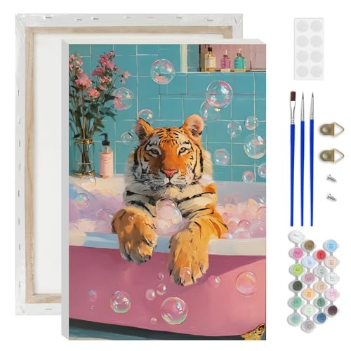 Lxmsja Tiger Bathtub Paint by Numbers Kit for Adults, Pastel Bubbles Acrylic Paint by Numbers for Adults Beginner, DIY Craft Supplies Oil Painting Kits for Home Wall Decor 8x12 inch (Framed) - color: pink#096
