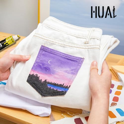 HUAL Fabric Paint Set for Clothes, 12 Colors Textile Paint with 6 Brushes & Palette, Quick-Drying Non-Toxic Water-Based Paint Kit for T-Shirts, Shoes, Canvas, DIY Art & Crafts - color: Black Box (Palette Box)