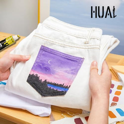 HUAL Fabric Paint Set for Clothes, 12 Colors Textile Paint with 6 Brushes & Palette, Quick-Drying Non-Toxic Water-Based Paint Kit for T-Shirts, Shoes, Canvas, DIY Art & Crafts - color: Black Box (Palette Box)