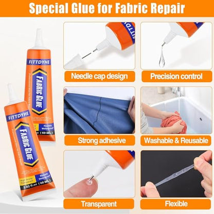 2 Pack Fabric Glue Permanent, 60ML/2.02oz Washable Clear Clothing Glue, Super Fabric Adhesive for Rhinestones, Patches, Clothes, Denim, Leather, Polyester, Fabrics, Doll Repair, Flannel, Cotton - size: 2 count