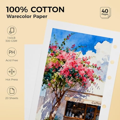 Lightwish Watercolor Sketchbook 100% Cotton, 300gsm (140lb) - 6.69" x 3.94" Hot Press Watercolor Paper Journal Notebook - 20 Sheets with PU Leather Cover for Drawing Mixed Media - color: Brown Faux Crocodile Texture