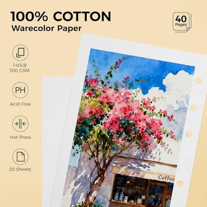 Lightwish Watercolor Sketchbook 100% Cotton, 300gsm (140lb) - 6.69" x 3.94" Hot Press Watercolor Paper Journal Notebook - 20 Sheets with PU Leather Cover for Drawing Mixed Media - color: Brown Faux Crocodile Texture