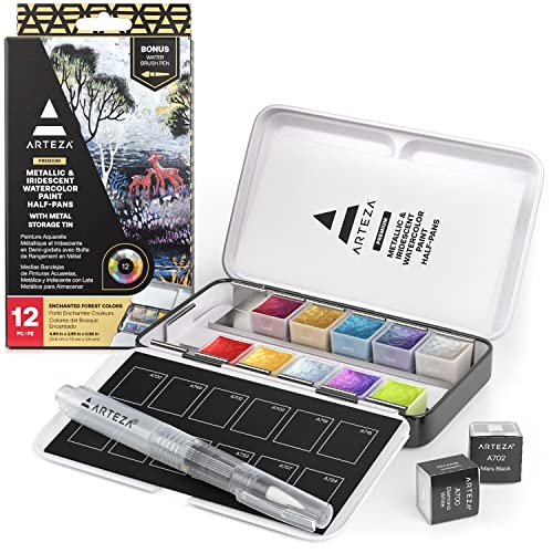 ARTEZA Watercolor Paint Set, 12 Metallic Watercolor Paints, Glitter Watercolor Paint in Half Pans, Travel Watercolor Set - style: Metallic & Iridescent, Set of 12