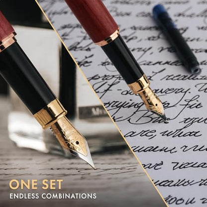 Wordsworth & Black Fountain Pen Set, Luxury Bamboo Wood - Medium Nib, Extra FIne Nib, Gift Case; 25ML Black Ink Bottle, 6 Ink Cartridges, Refill Converter - Calligraphy, Writing [Violet Wood] - color: Violet Wood