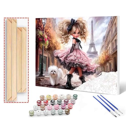 Tucocoo Paris Girl Paint by Number Fashion Girl and Fluffy Dog DIY Painting Kits on Canvas with Brushes Acrylic Paints Romantic City Street Paint by Numbers for Adults Beginner 16x20 Inch (DIY Frame) - color: Artwork-19, size: 16''x20''(DIY Frame)