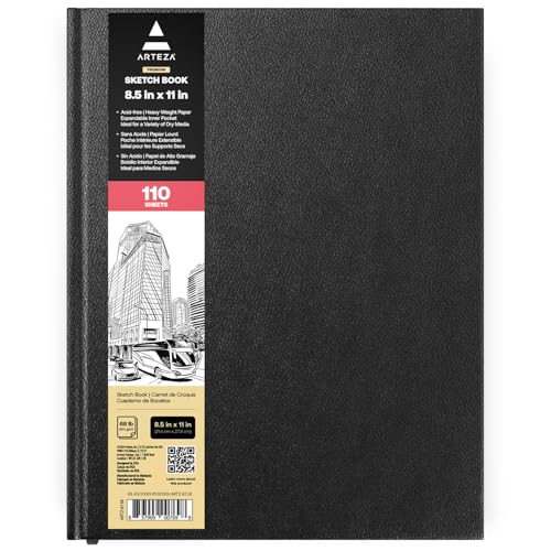 ARTEZA Hardcover Sketchbook, 8.5 x 11 in, 110 Sheets / 220 Pages, 68 lb / 100 GSM Acid-Free Drawing Paper with Ribbon Bookmark and Inner Pocket for Sketching, Drawing, and Journaling - size: 1 Pack