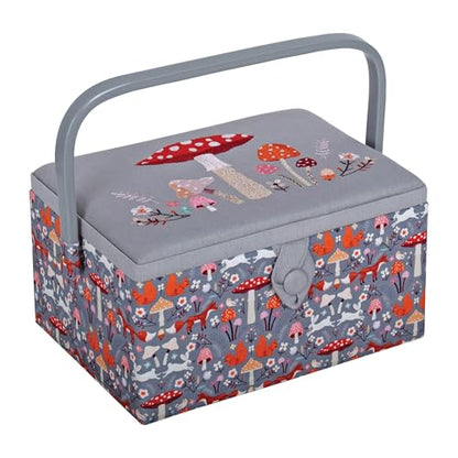 Hobby Gift Medium Sewing Box Organiser, Fabric Covered Storage Box with Handle, Internal Tray, Pin Cushion and Pocket for Sewing, Quilting and Knitting Supplies - color: Toadstool