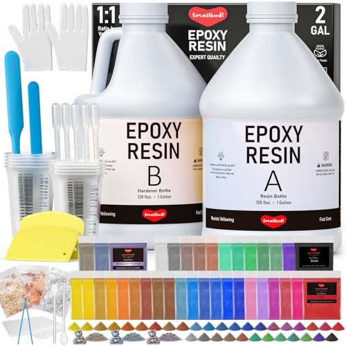Smallbudi 2 Gallon Epoxy Resin Kit with 36 Colors Mica Powder, Gold Foil, Cups & Stick, Crystal Clear Resin Beginner Supplies for Coating Casting Table, Molds, Jewelry Making, DIY Art Craft, 1:1 Ratio - size: 2 gallon