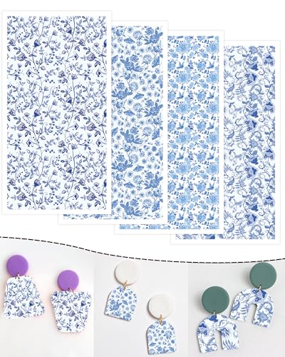 Puocaon Blue Flower Transfer Paper - Elegant Floral Transfer Sheets for Polymer Clay Jewelry, 20 Sheets Polymer Clay Earrings Transfer Paper Chinoiserie Blue Flower - color: blue flower