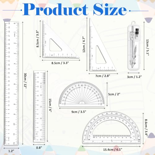 Coopay 7 Pcs Geometry Kit with Ruler, Triangle Ruler, Protractor and Compass Set | 12'' & 6'' Straight Rulers, 45°/60°Triangle Ruler, 6" & 4" Protractors, Compass, Geometry, Drafting, Math, School, Office - size: 7 Pcs Geometry Math Tool