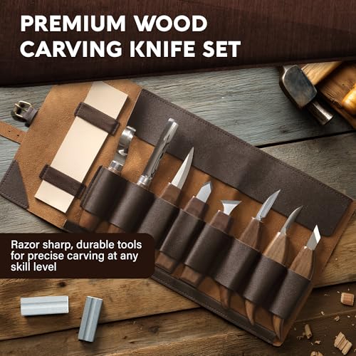 Wood Carving Kit for Beginners - Gift Ready Complete Tools Set | Whittling Kit with 8 Wood Carving Knives, Spoon Carving Tools, Wood Blocks, Gloves, Roll Bag and Sharpening Strop