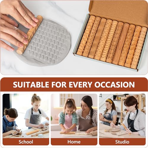 10pcs Wooden Clay Texture Rollers Set for Pottery & Ceramics - Potters Stamp Roller Tools for Ceramic Slabs - Textured Rolling Pins for Modeling, Painting & Glaze Design - 5 x 0.63 inch - color: Regular