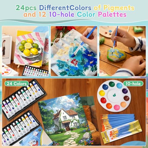 70pcs 8x10 8x8 Inch Painting Supplies Kit, 8Pack Art Canvas Bulk with Easel Stand, 12 Colors Mini Acrylic Paint Set, Small Paint Brushes, Paint Trays, Painting Kit