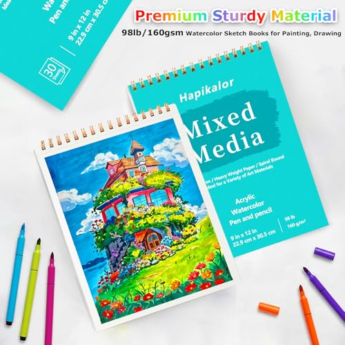 Mixed Media Sketchbook 9" x 12" Multimedia Sketchbook, Top Spiral Bound Sketch Book, 30 Sheets 98lb/160gsm Mixed Media Paper, Watercolor Paper Sketch Pads for Drawing, Painting, Art Supplies - size: 9" x 12"