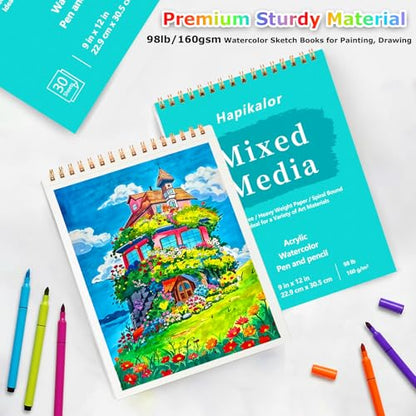 Mixed Media Sketchbook 9" x 12" Multimedia Sketchbook, Top Spiral Bound Sketch Book, 30 Sheets 98lb/160gsm Mixed Media Paper, Watercolor Paper Sketch Pads for Drawing, Painting, Art Supplies - size: 9" x 12"