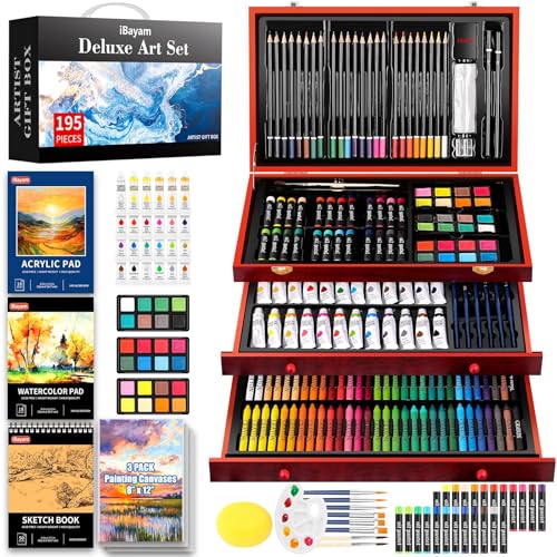 iBayam Art Supplies, 195 Pack Art Set Drawing Kit for Adult, Arts and Crafts Painting Kit, Art Kits Paint Set with Acrylic Pad, Sketchbooks, Watercolor Pad, Canvases, Gift Box - color: Reddish Brown
