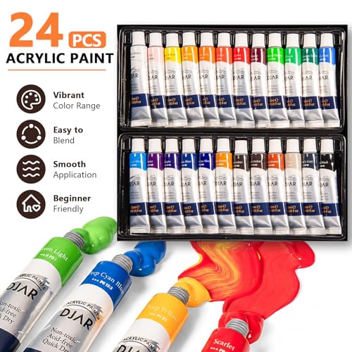 DJAR 89 Pcs Acrylic Paint Set with Wooden French Easel for Adults | Professional Painting Kit Includes 24 Color Acrylic Paint, Canvas, Brushes & Art Supplies for Students, Beginners