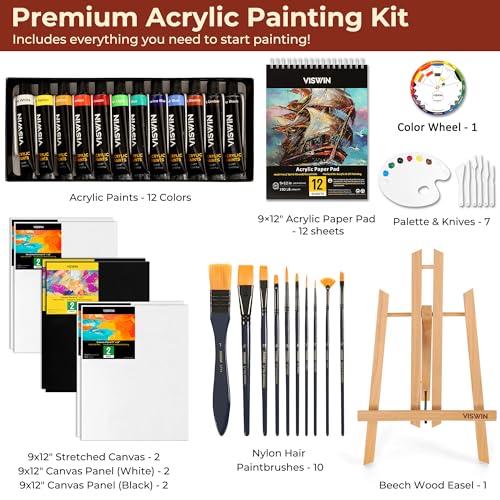 VISWIN 51 Pcs Acrylic Paint Set with Tabletop Easel, Painting Kit with 12 Acrylic Paints, Canvases, Brushes, Palette, Paper Pad, Art Supplies, Ideal Gift for Adults, Kids, Artists, Students - size: 50 Pcs
