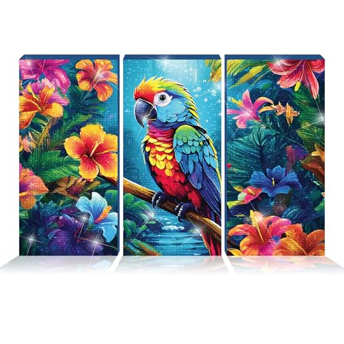 ArtSkills Diamond Painting Kit, Diamond Art Ready to Hang Framed Canvas with Storage and Accessory Kit, Parrot Paradise, 3 Stretched Canvas Panels, 14” x 7” Each - color: Parrot Paradise