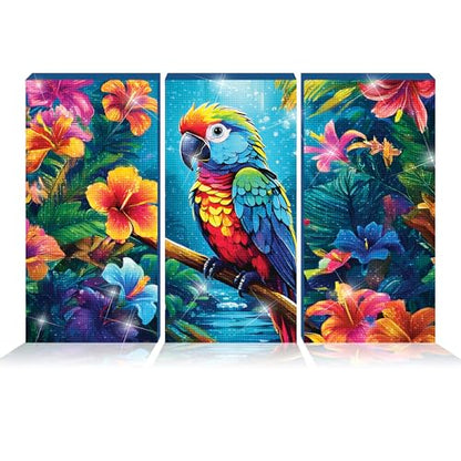 ArtSkills Diamond Painting Kit, Diamond Art Ready to Hang Framed Canvas with Storage and Accessory Kit, Parrot Paradise, 3 Stretched Canvas Panels, 14” x 7” Each - color: Parrot Paradise