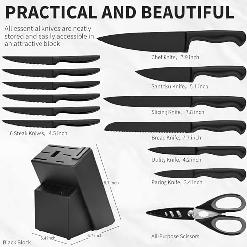Black Knives Set, 15-Piece Stainless Steel Kitchen Knife Block Sets with Built-In Sharpener, Professional Knife Set with Scissors, Steak Knives - color: Black