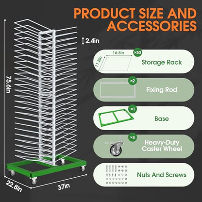 Mouuy 50-Shelf Paint Drying Rack for Cabinets & Doors, Heavy-Duty Cabinet Door Drying Rack, 25lbs/Shelf, Space-Saving Vertical Stand for Paint Studios and Classrooms with 4 Locking Casters
