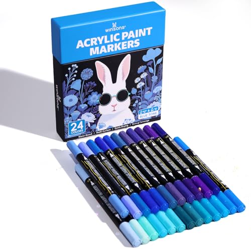WINSONS 24 Colors Acrylic Paint Markers Set – Vibrant Permanent Paint Pens with Brush & Fine Tip, Water-Based Quick Dry for Rock Painting, Canvas, Wood, Glass, Fabric, DIY Art Supplies (Blue Tone) - style: Blue Tone