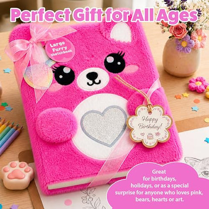 VOTUM Fuzzy Sketch Book: Personalized Artist Sketchbook: Sketching, Drawing and Creative Doodling. Notebook and Sketchbook to Draw and Journal (Bright Pink Bear) - color: Bright Pink Bear