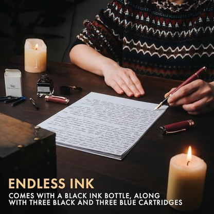 Wordsworth & Black Fountain Pen Set, Luxury Bamboo Wood - Medium Nib, Extra FIne Nib, Gift Case; 25ML Black Ink Bottle, 6 Ink Cartridges, Refill Converter - Calligraphy, Writing [Violet Wood] - color: Violet Wood