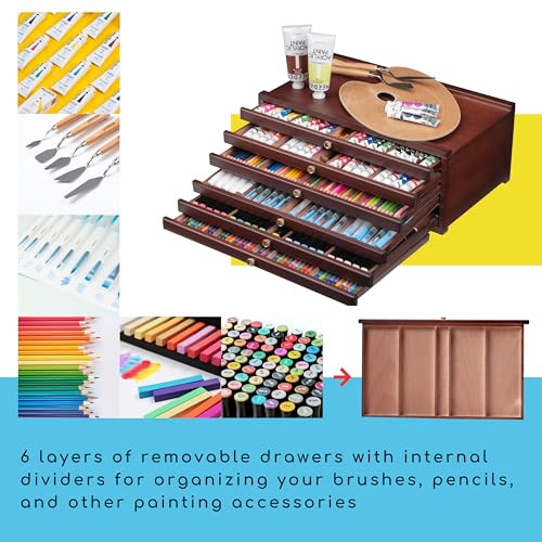 MEEDEN 6-drawer Wood Artist Supply Storage Box, Portable Beechwood Multifunctional Pencil Brush Organizer Wood Box with Drawer&Compartments for Pastels, Pencils, Pens, Makeup Brushes(Deep Walnut) - size: 6 Layer Drawers