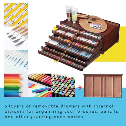 MEEDEN 6-drawer Wood Artist Supply Storage Box, Portable Beechwood Multifunctional Pencil Brush Organizer Wood Box with Drawer&Compartments for Pastels, Pencils, Pens, Makeup Brushes(Deep Walnut) - size: 6 Layer Drawers