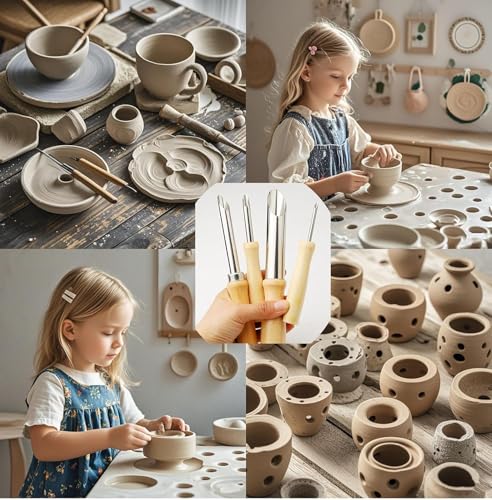 8PCS Round Clay Hole Cutters Set with Wooden Handles, Stainless Steel Clay Tools Kit for Drilling, Carving, Pottery, Ceramics and DIY Projects