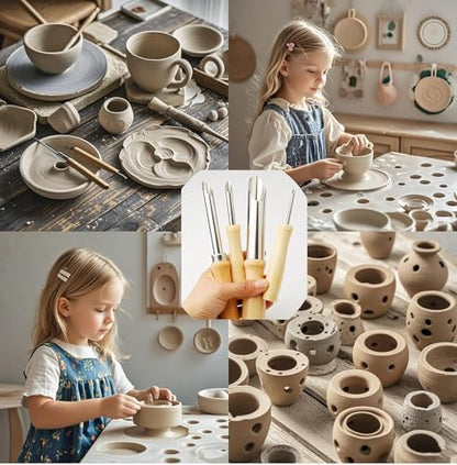 8PCS Round Clay Hole Cutters Set with Wooden Handles, Stainless Steel Clay Tools Kit for Drilling, Carving, Pottery, Ceramics and DIY Projects