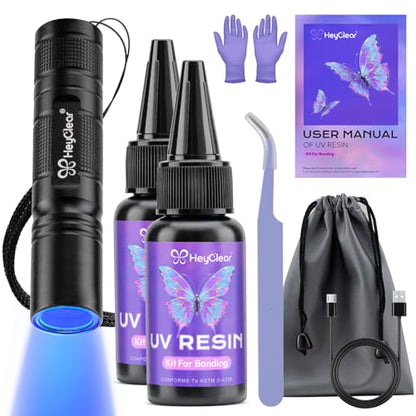 HeyClear 60g UV Resin Kit with Light -Fast Curing, Bonding in Seconds UV Glue Adhesive with Flashlight for Plastic&Glass Repair, DIY Craft Decor（30g+30g） - size: 60g