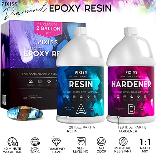 Pixiss Epoxy Resin Kit 2 Gallon – Crystal Clear Art Resin & Hardener with Gloves, Spreader, Silicone Mixing Sticks & Accessories – Self-Leveling, High-Gloss Resin for Crafts, Tumblers