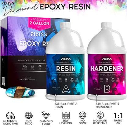 Pixiss Epoxy Resin Kit 2 Gallon – Crystal Clear Art Resin & Hardener with Gloves, Spreader, Silicone Mixing Sticks & Accessories – Self-Leveling, High-Gloss Resin for Crafts, Tumblers