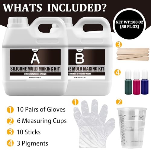 Silicone Mold Making Kit - 100oz Translucent Liquid Silicone Rubber with 3 Color Pigments, 1:1 Mixing for Mold Making, Fast Curing Molding Casting Kit for Resin, Candle Molds, Soap Molds, DIY, Plaster - color: Translucent, 100oz