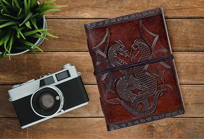 AzureGreen DOUBLE DRAGON Blank Page BOOK Handcrafted Leather Writing Unlined 5 x 7 JOURNAL (Brown) - color: Brown Leather