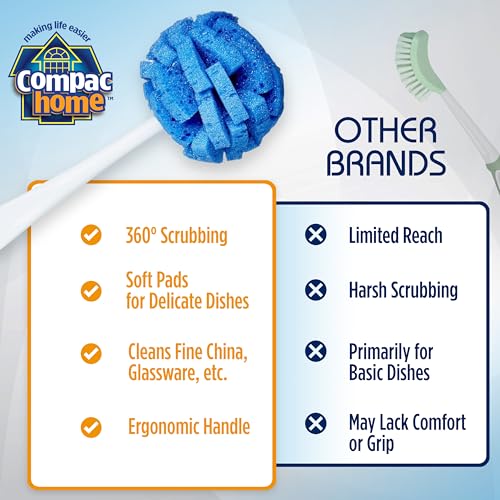 COMPAC HOME Dish Wand Kitchen Sponge | Effectively Clean China Dishes and Glassware | Unique Round Ball Shaped All-Around Cleaning Sponge | Gentle Flexible Brushes for Your Nice Dishes, 6 Count - size: Pack of 6 Short Handle