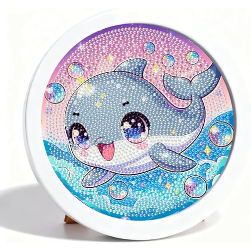 Dolphin Diamond Art Kits for Kids with Round Frame, Cute Animal Diamond Art for Kids Ages 4-8-12, Easy Small Kid Gem Painting Kit for Gift Home Wall Decoration (8x8inch) - color: CC1128-US